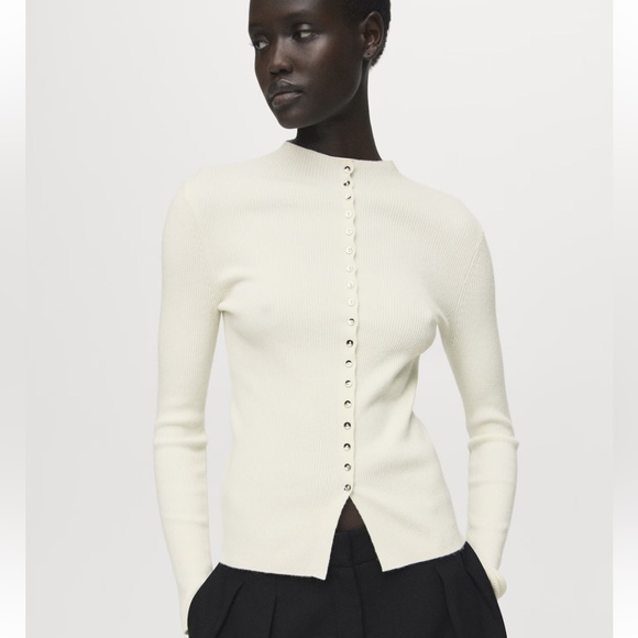 Mango Sweaters - Mango XL Ivory Fine Knit Ribbed Mock Neck Mini Button Front Wool Blend Cardigan